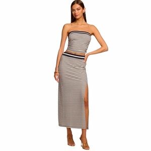 Ramy Brook Navy & Cream pucker knit midi skirt with side slit.